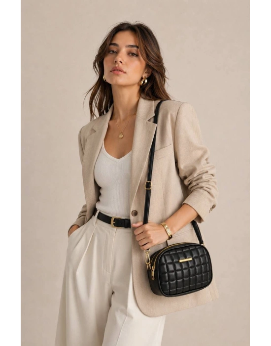 Siyah Kapitone 3 Bölmeli Çanta CB21579