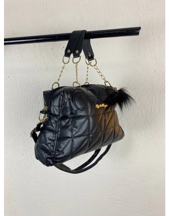 Siyah Renk Ponpon hediyeli Zincirli Çapraz Çanta CB7826