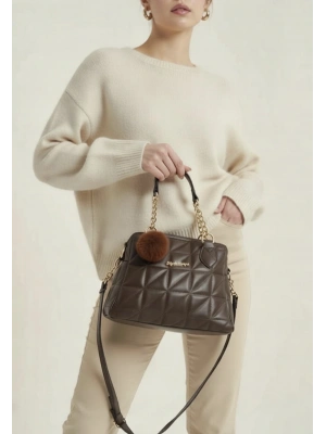 Kahve Renk Ponpon hediyeli Zincirli Çapraz Çanta CB7826