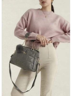 Koyu Gri Ponpon hediyeli Zincirli Çapraz Çanta CB7826