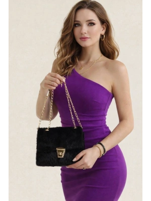 Siyah Renk Peluş Zincirli Çanta CB80101