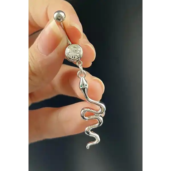 Gümüş Renk Yılan Figürlü Cerrahi Çelik Göbek Piercing