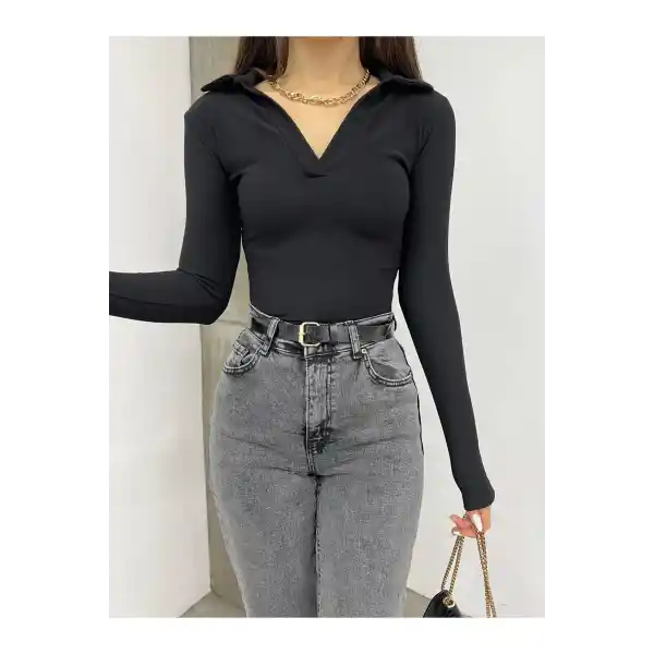 Kadın V Yaka Ottoban Crop Bluz