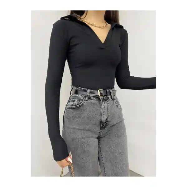 Kadın V Yaka Ottoban Crop Bluz