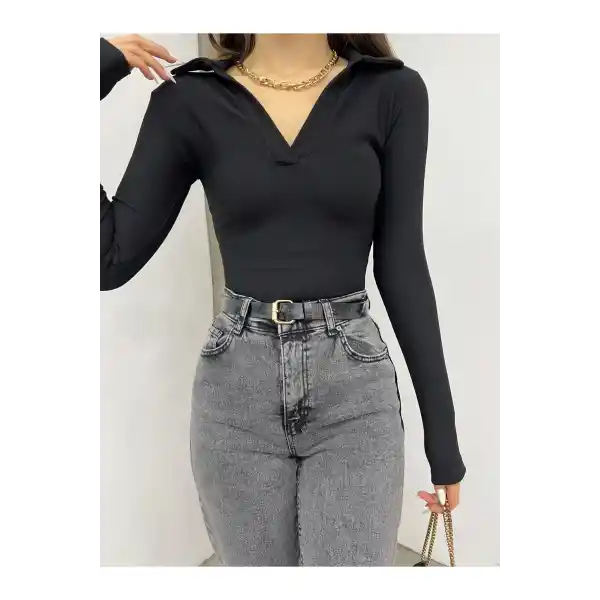 Kadın V Yaka Ottoban Crop Bluz