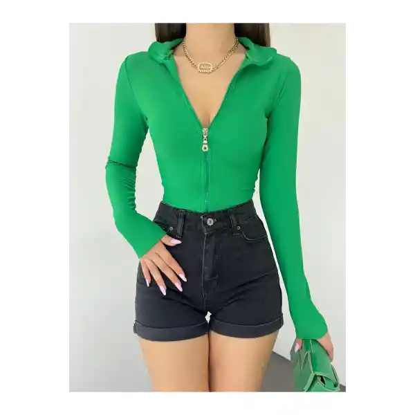 Fermuar Detaylı Crop Kaşkorse Bluz