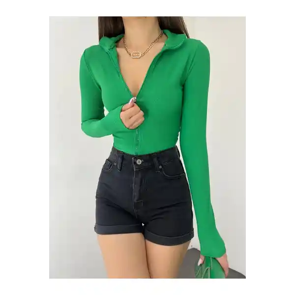 Fermuar Detaylı Crop Kaşkorse Bluz