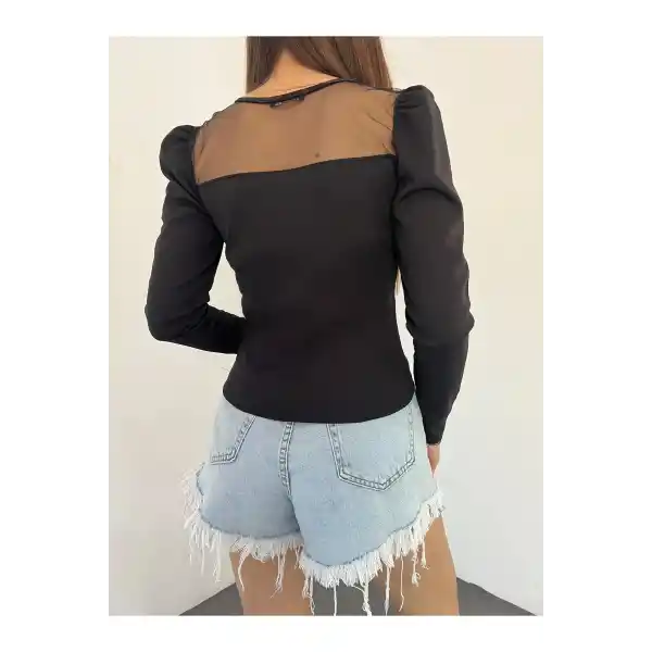 Havuz Yaka Tül Detaylı Crep Dar Kalıp Esnek Kumaş Bluz