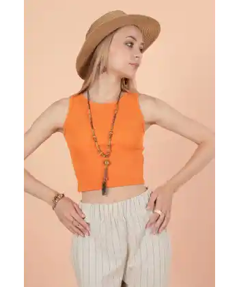 Kaşkorse Kumaş Biyeli Bisiklet Yaka Kolsuz Kadın Bluz