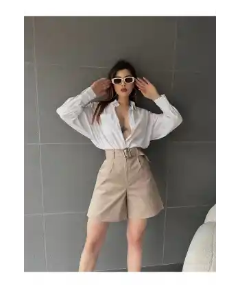 Kuş Gözü Kemerli Geniş Paçalı Mom Şort