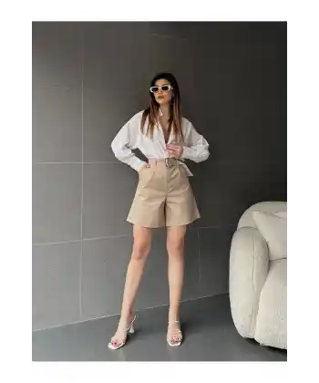 Kuş Gözü Kemerli Geniş Paçalı Mom Şort