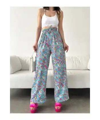 Desenli Beli Lastikli Bürümcük Pantolon AÇIK MAVİ