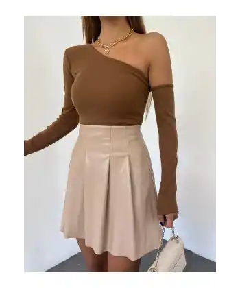 Pileli Mini Deri Etek BEJ