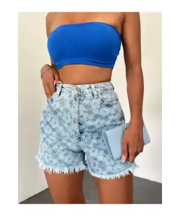 Paçası Püsküllü Desenli Denim Şort