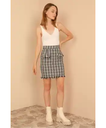 Tüvit Kumaş Mini Boy Dar Kalıp Cep Detaylı Kadın Etek