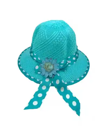 Beoje Kıds Kız Çocuk Şapkası Hasır Çiçek Figür Benekli Fiyonk Model Turkuaz