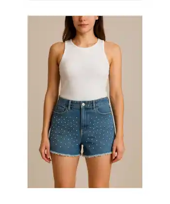 Mavi Renk Taşlı Püskül Detaylı Kot Şort