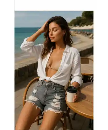 Püskül Detaylı Gri Renk Yırtık Model Denim Şort