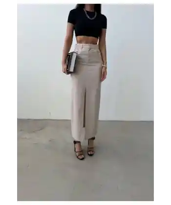 Önden Yırtmaçlı Garbardin Etek KREM RENK