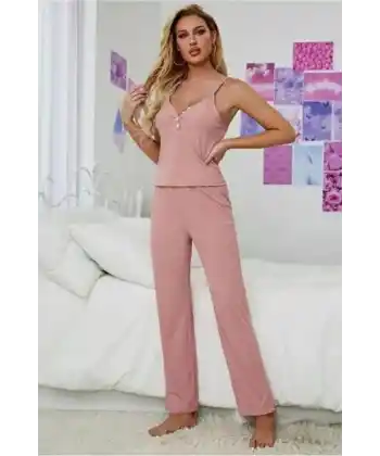 Viskon Pudra Düğme Detaylı İkili Takım