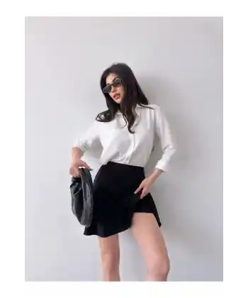 Volanlı Crep Şort Etek SİYAH