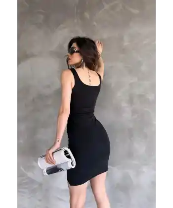 Kare Yaka Askılı Mini Dalgıç Elbise SİYAH