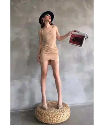 Kare Yaka Askılı Mini Dalgıç Elbise BEJ RENK