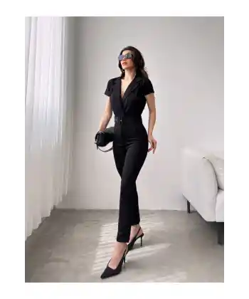 Siyah Yakalı Kemerli Tulum - Premium