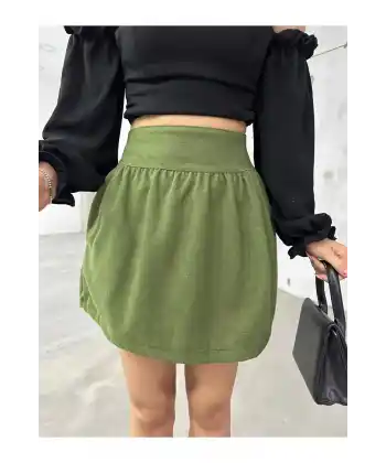 Beli Lastikli Mini Kaşe Etek HAKİ