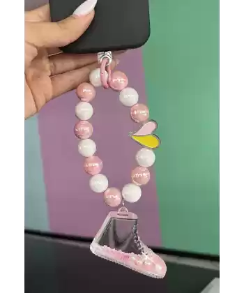 Pembe Renk Ayakkabı Figürlü Boncuklu Telefon Aksesuarı