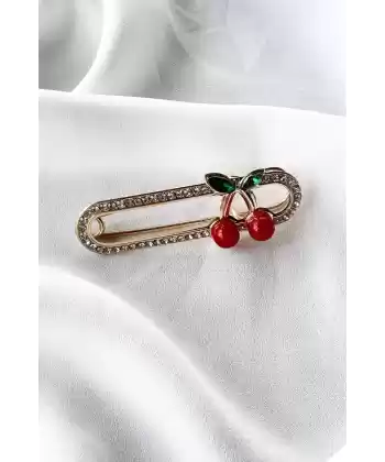 Altın Renk Kiraz Figürlü Eşarp İğnesi Broş