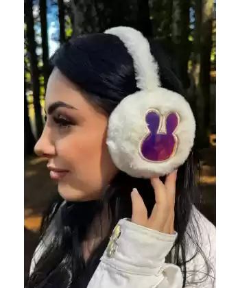 Beyaz Renk Tavşan Figürlü Peluş Kulaklık
