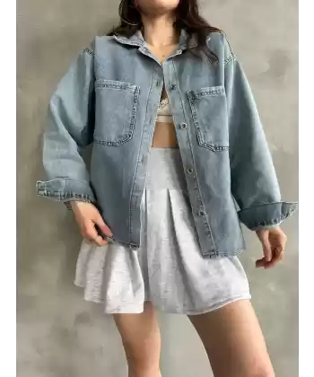 Çift Cepli Oversize Denim Gömlek Ceket