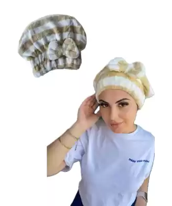 Krem Renk Kurdele Figürlü Saç Havlusu Bonesi Lastikli