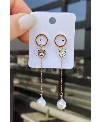Rose Renk Ayıcık Figürlü Çelik Küpe (Çift)