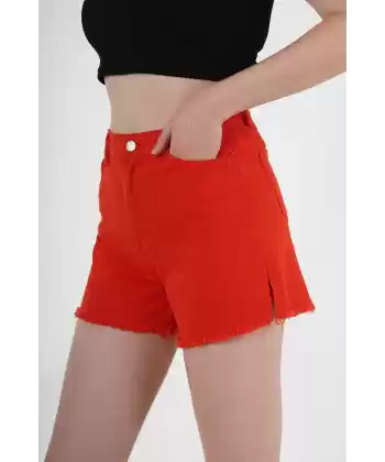 Yıkamalı Paçası Püsküllü Kırmızı Denim Şort