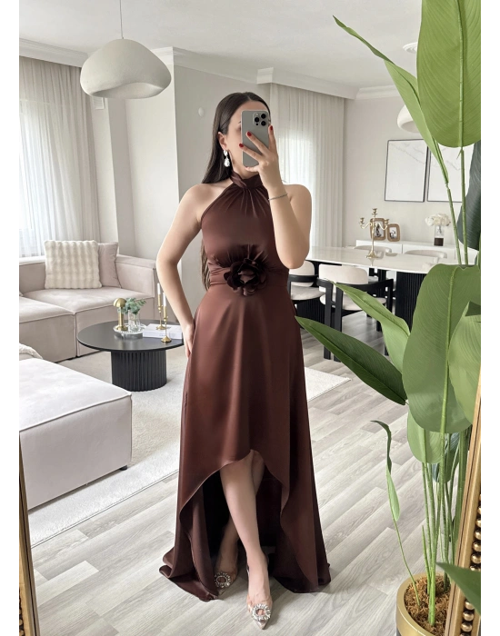 KATHİA ÇİÇEK DETAYLI KAHVE ELBİSE