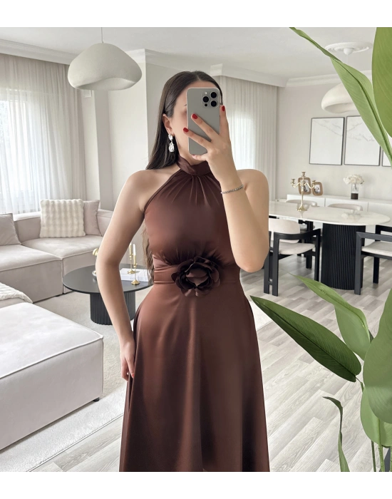 KATHİA ÇİÇEK DETAYLI KAHVE ELBİSE