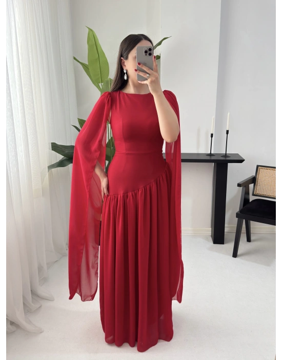 AMBER PELERİN DETAYLI KIRMIZI ELBİSE