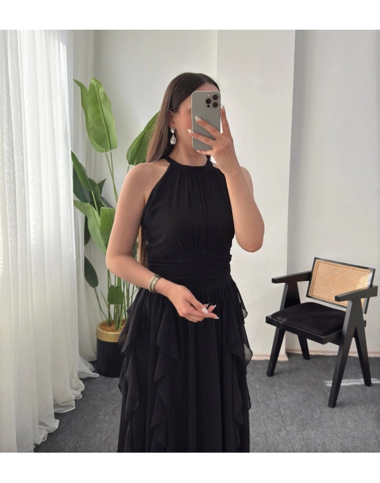 ANGEL ŞİFON FIRFIRLI SİYAH ELBİSE