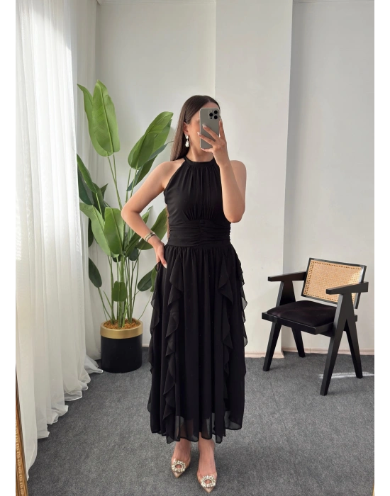 ANGEL ŞİFON FIRFIRLI SİYAH ELBİSE