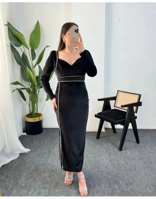 ANNA SİYAH KADİFE ELBİSE