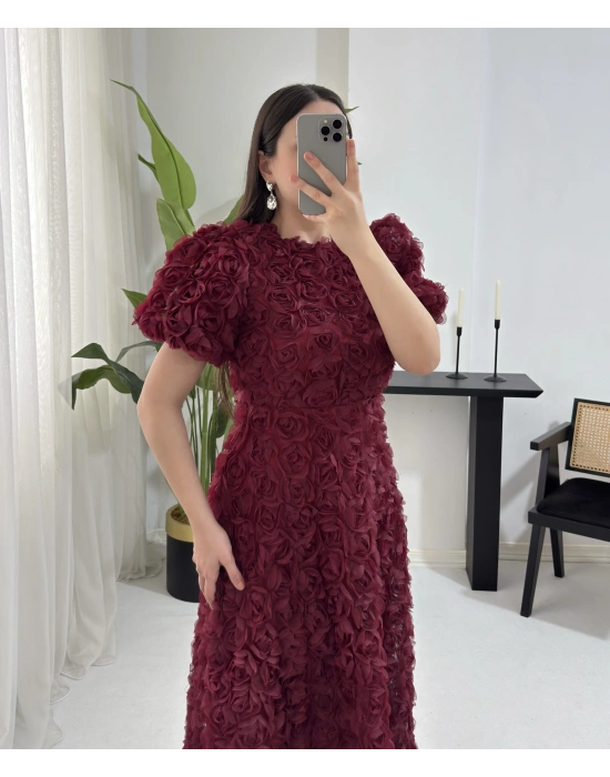 AURA MİDİ BOY GÜL DOKULU BORDO ELBİSE