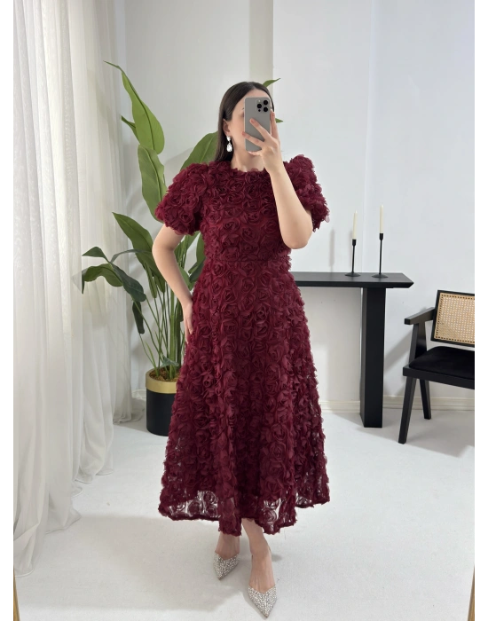 AURA MİDİ BOY GÜL DOKULU BORDO ELBİSE