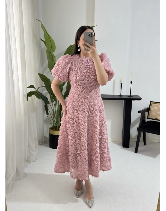 AURA MİDİ BOY GÜL DOKULU PEMBE ELBİSE