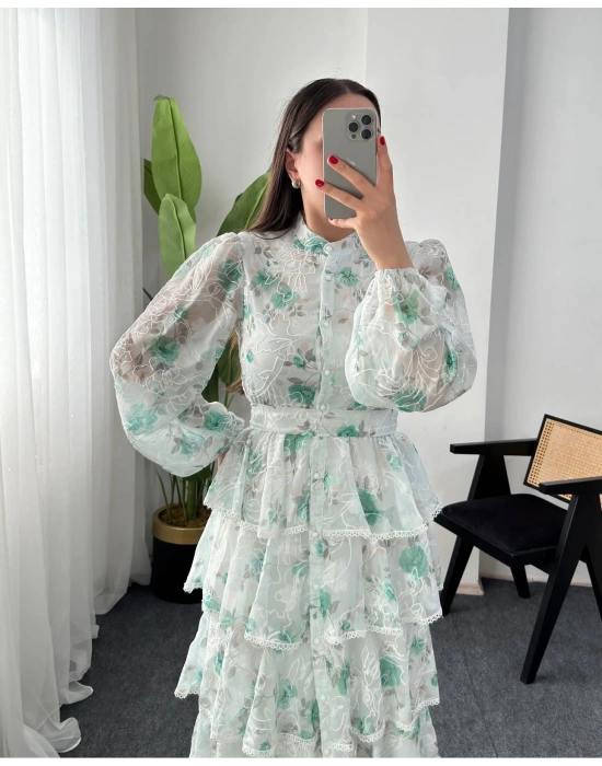 BELLA YEŞİL VOLANLI KAT KAT ŞİFON ELBİSE