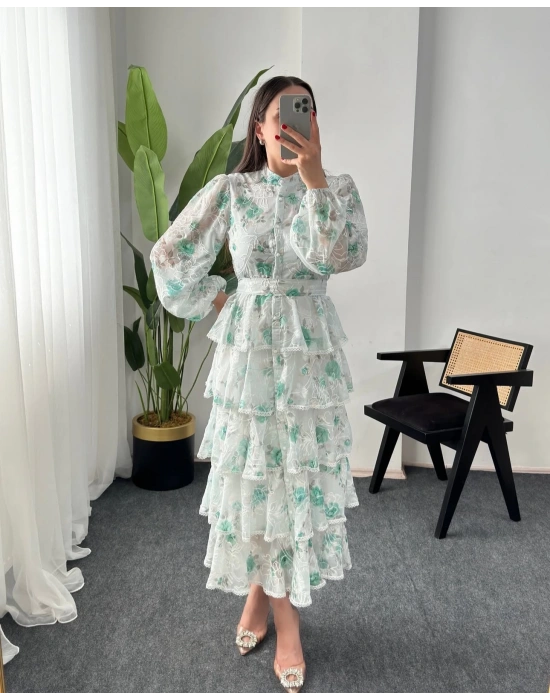 BELLA YEŞİL VOLANLI KAT KAT ŞİFON ELBİSE