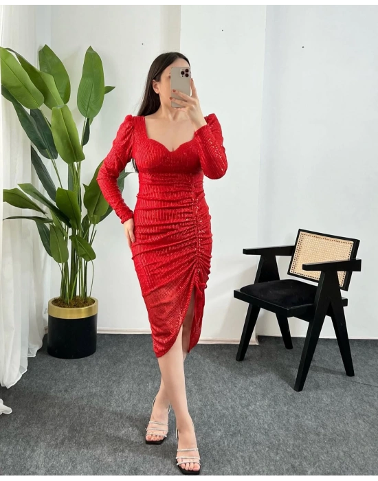 CHRİSTİNA PAYETLİ KIRMIZI ELBİSE