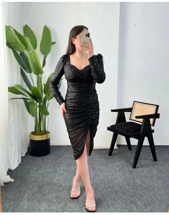 CHRİSTİNA PAYETLİ SİYAH ELBİSE