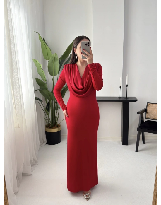 DALİA DEGAJE YAKA KIRMIZI ELBİSE